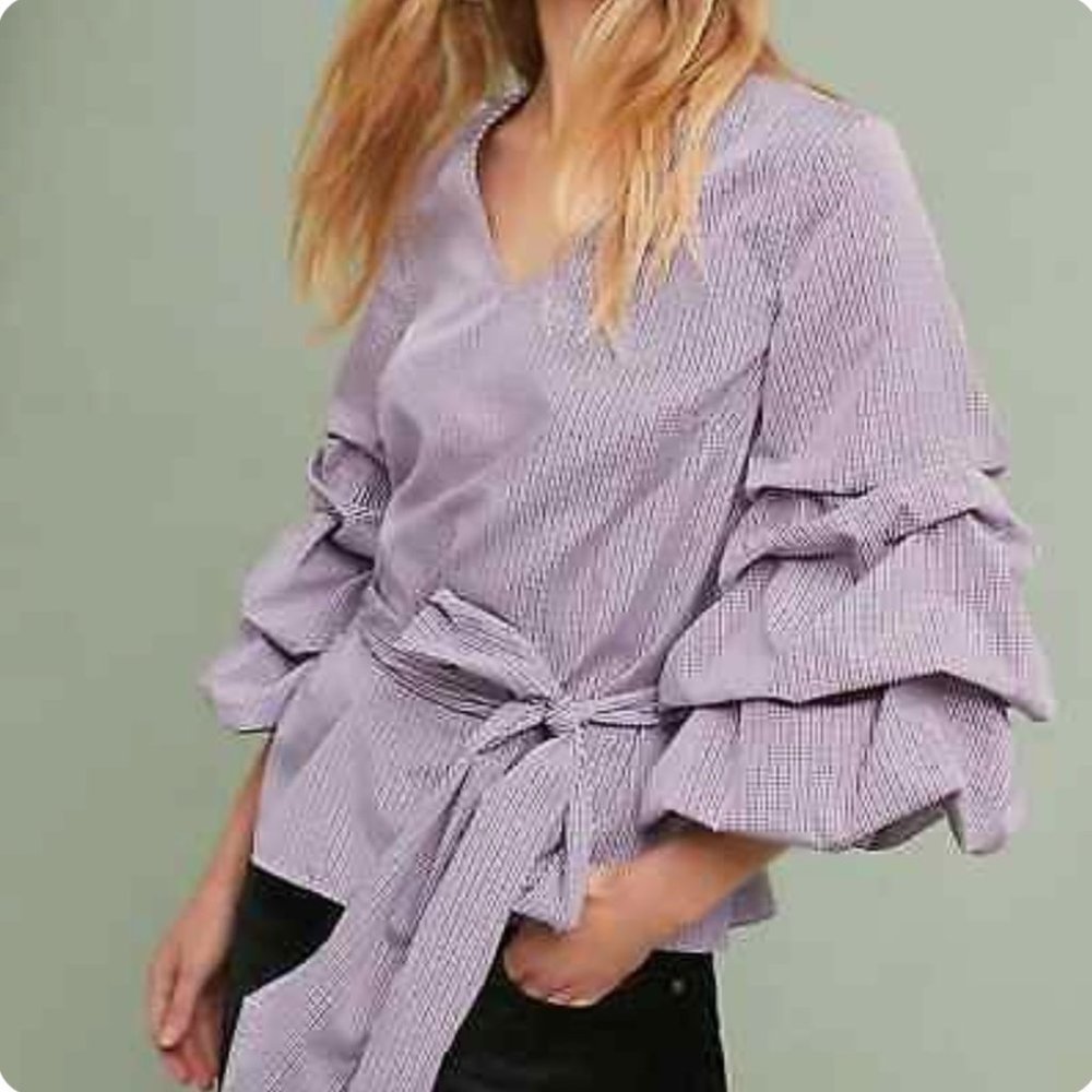 Anthropologie Sunday in Brooklyn Balloon Sleeve Check Ruffled Blouse Top